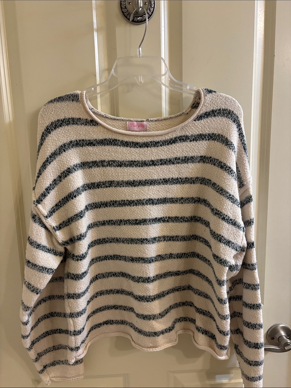Pink Lily Cream & Black Striped Crew Neck Sweater